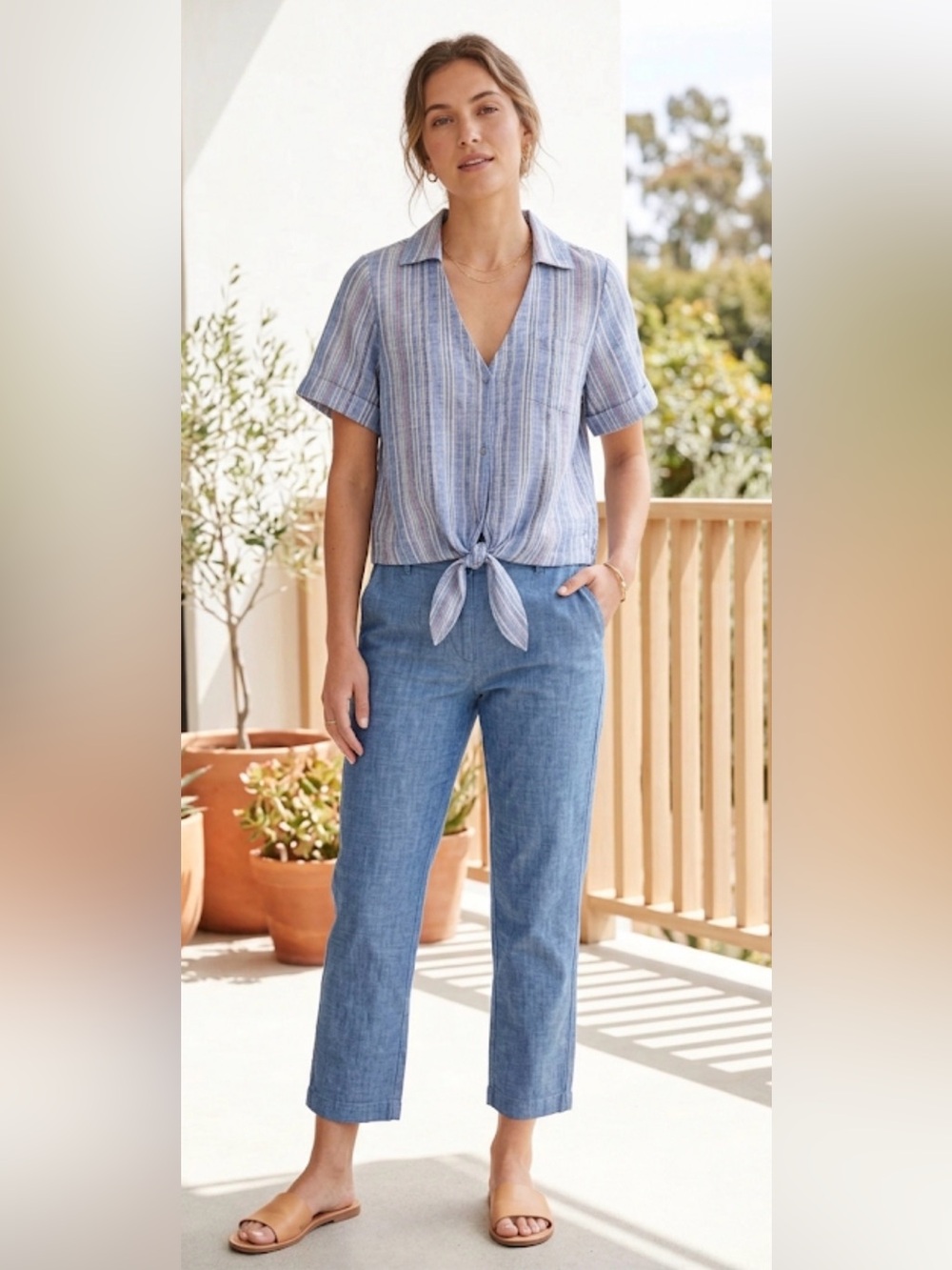 Parker Linen Striped Tie Front Kit Top Womens Large Blue Cropped V-Neck …
